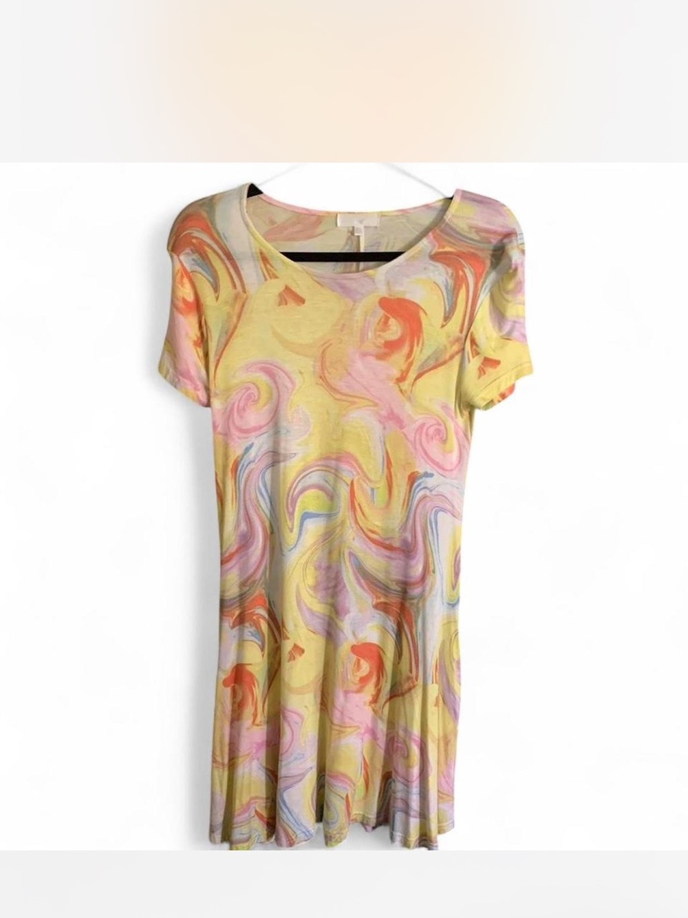 Women’s groovy Sheer Yellow Swirl Print Short Sleeve Dress size M